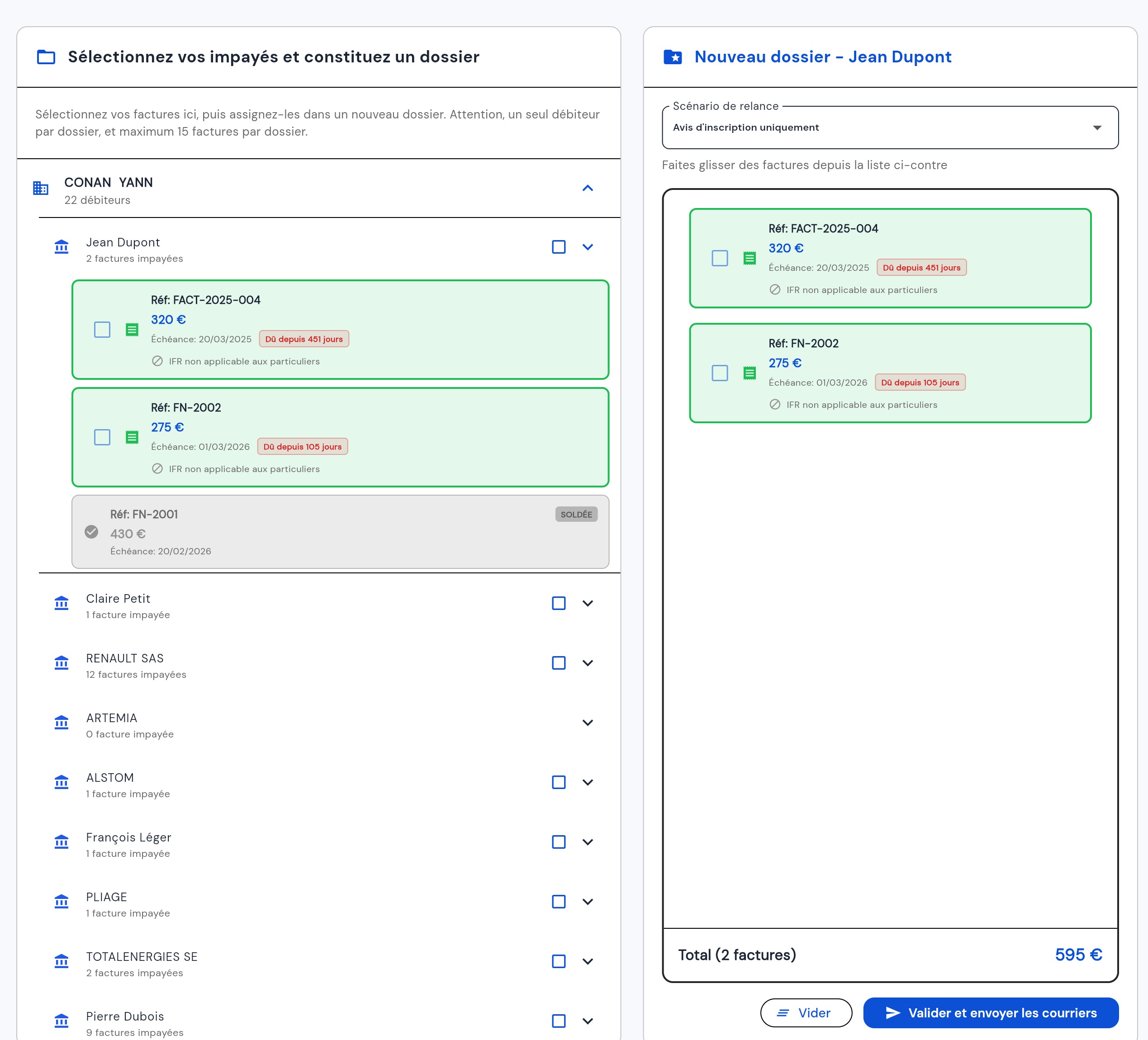 Page de gestion des dossiers FNIP